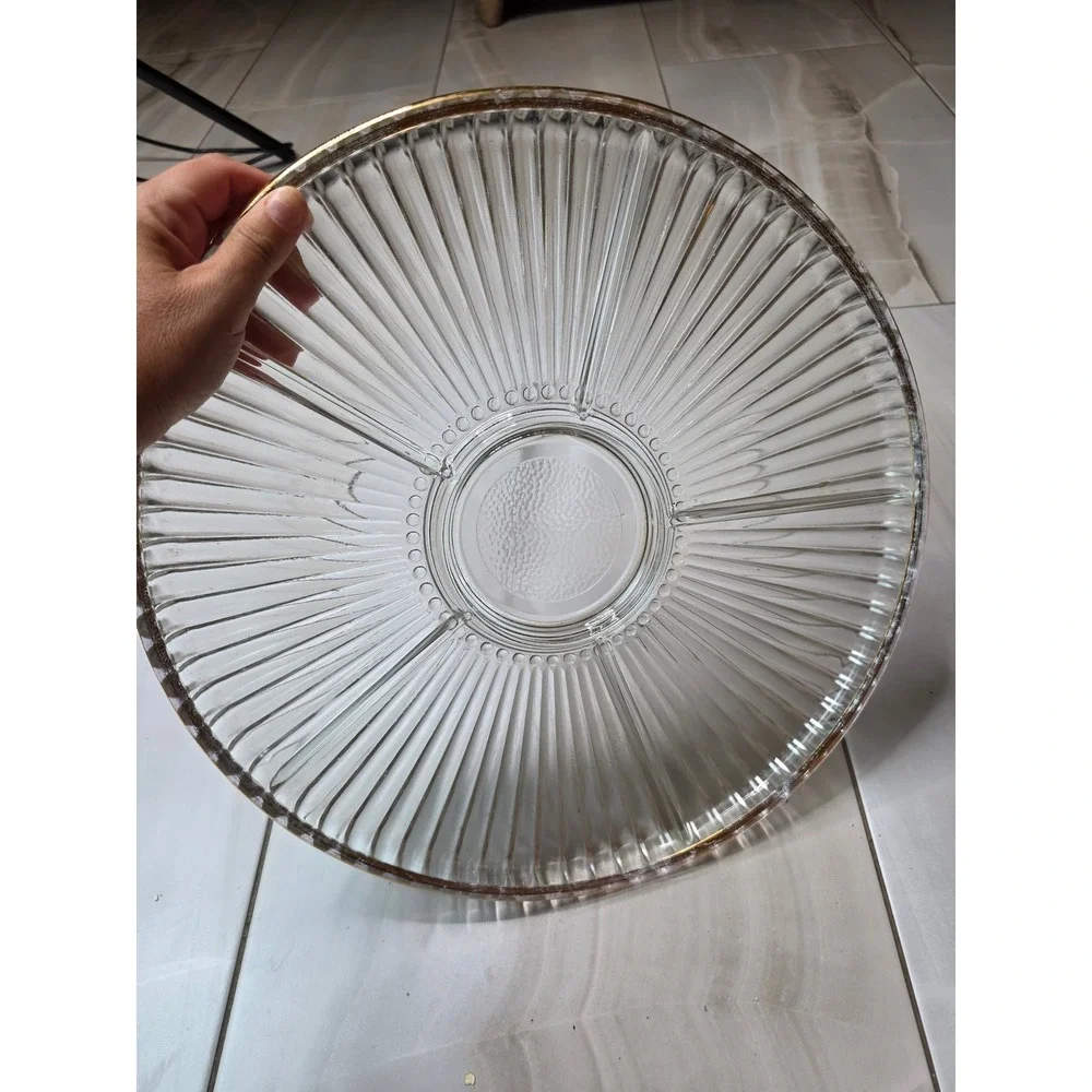 Vintage Divided Glass Relish Tray Gold Rim Ribbed 4 Section Round Server 14in E1